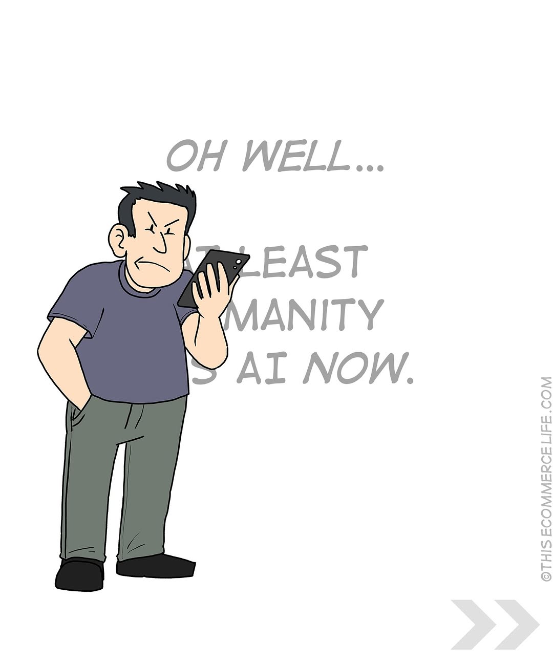 Modern man reads the comic, annoyed